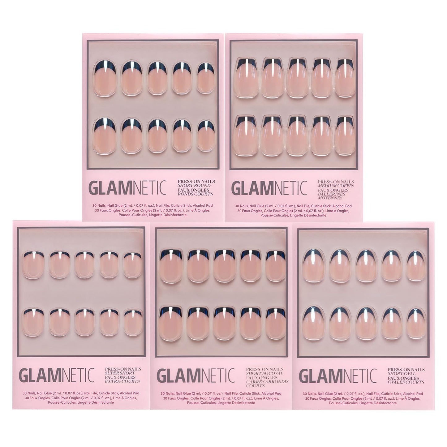 Glamnetic Press-On Nails Bundle - Burnt Miso, Squid Ink, Smoke Salt, Onyx Glaze & Balsamic Glaze | 5 Glazed Black French Tips in Super, Squoval, Short Oval, Short Round, & Medium Coffin |
