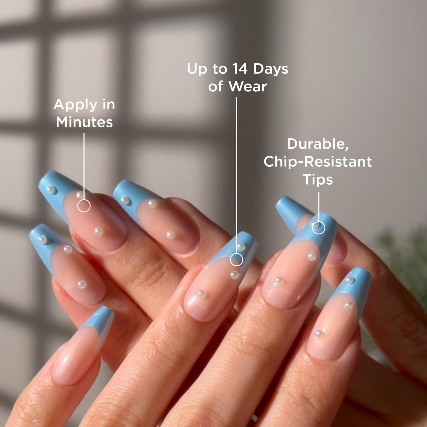 PaintLab Press On Nails - Blue Moonlit Periwinkle 3D Pearl Coffin Fake Nails, 30 Nails in 15 Sizes with Glue, Reusable Salon Quality Press On Nails