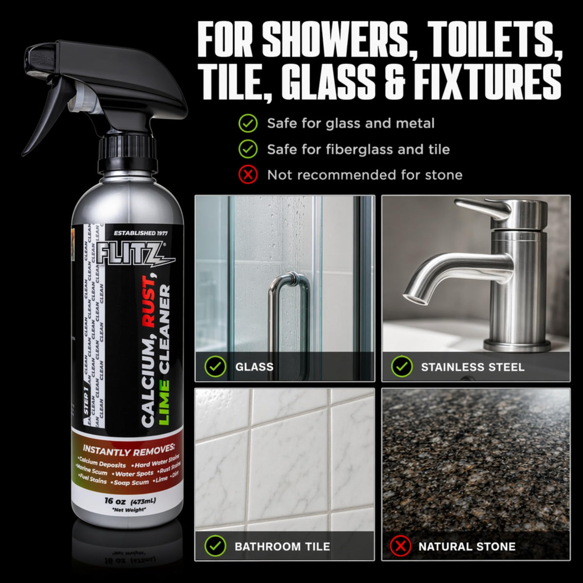 Calcium, Rust, & Lime Remover - 16oz Bottle of USA-Made Limescale Remover for Toilets, Showers, and More - Powerful Spray that Instantly Eliminates Tarnish, Grease, and Other Grime (12 Pack) (192 Fl Oz)