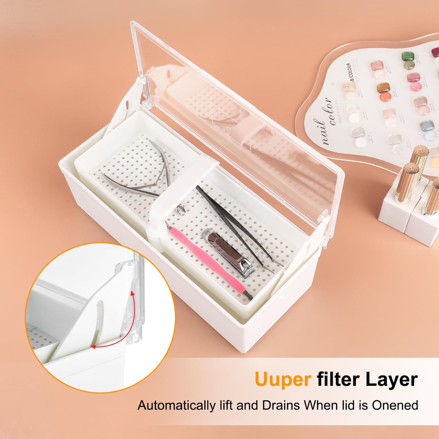 heemeei Nail Tool Sterilizer Box, Plastic Sterilizing Tray for Nail Art Tools, Portable Nail Sterilizer Machine, Disinfection Box for Tweezers, Hair Salons, Spas and Manicure Equipment (White)