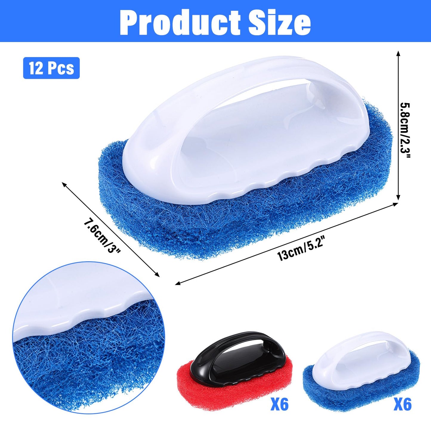 12 Pack Handled Scrubber Set, Non-Scratch Reusable Scouring Pads with Handle for Bathroom, Shower Tile, Bathtub, Pool, Kitchen & Grills Surfaces Teak Cleaner