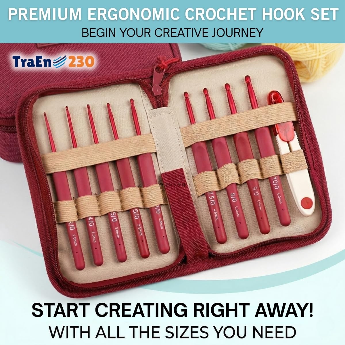 TraEn230 Crochet Hooks Set for Beginners, Ergonomic Soft Grip Crochet Hook Kit with Case, Full Size 2.0mm–6.0mm, Easy Grip Handles, Yarn Needles & Accessories (Black)