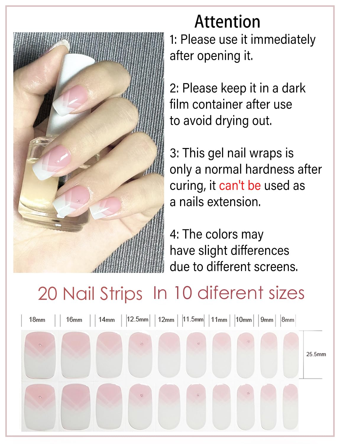 Wahrshei Semi Cured Gel Nail Strips, 20pcs French Gradient Gel Nail Stickers Work with UV, Easy to Use and Remove