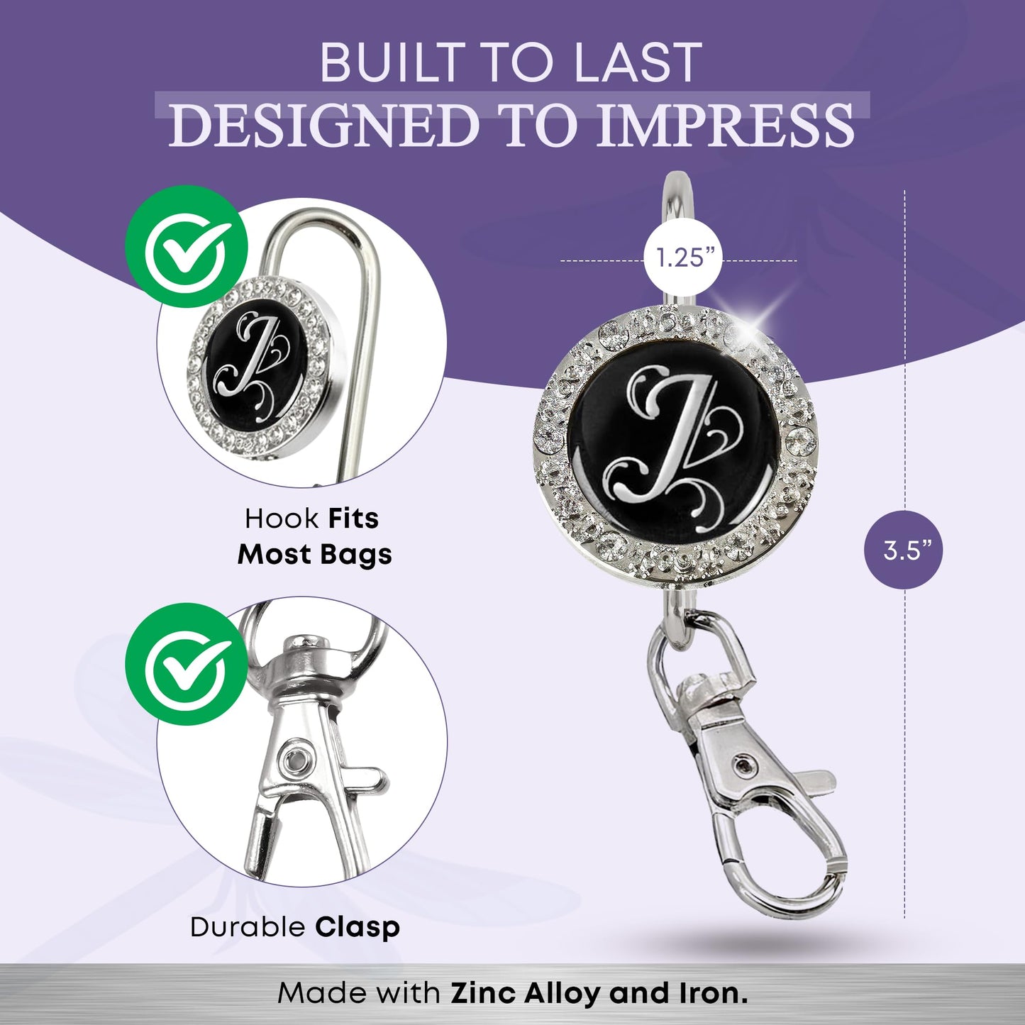 Women’s Bag Charm Key Finder, Car Keychain Hook, Cute Purse Organizer & Tote Bag Accessories, Gifts for Mom - Monogram J