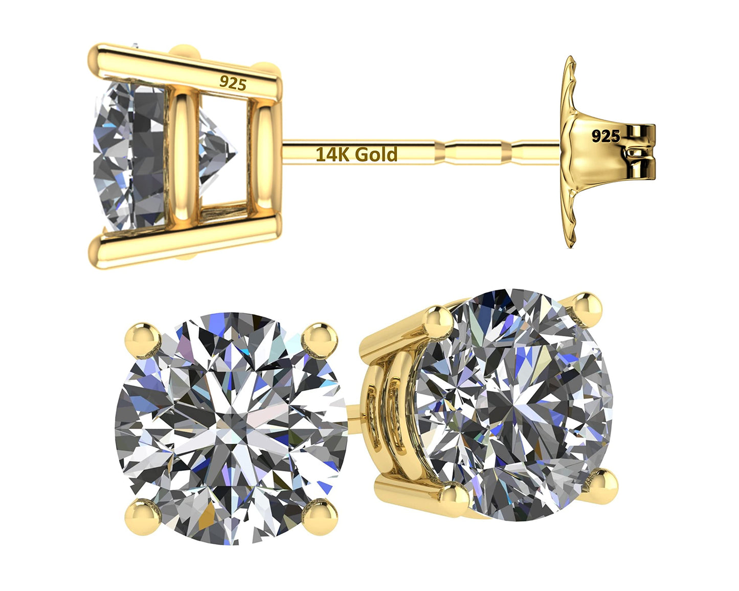 Central Diamond Center 14K Solid Gold Post & Sterling Silver Made with Swarovski 4 Prong CZ Stud Earrings - Yellow Gold Plated - 4.0mm - 0.50cttw