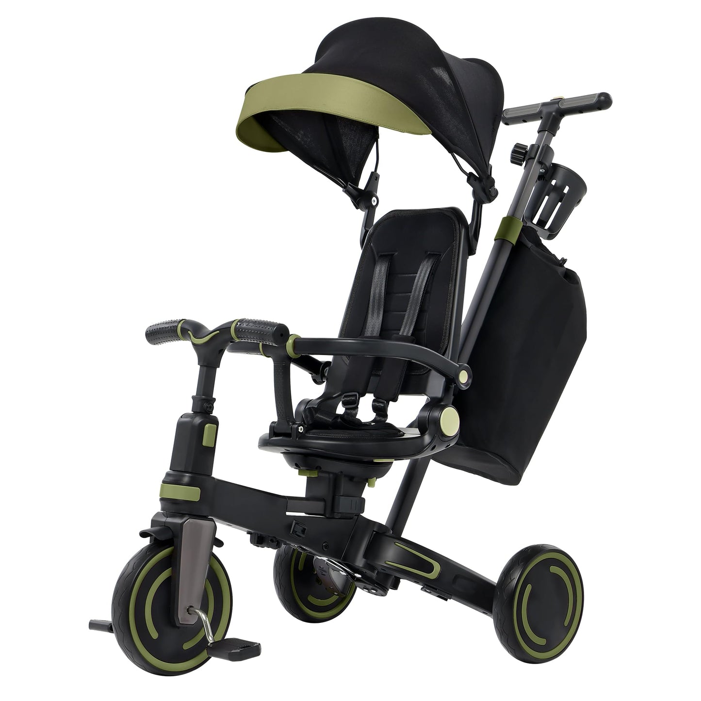 Aneco 9-in-1 Multi-functional Baby Tricycle for Toddlers 10 Months-3 Years with Removable Canopy Rotatable Seat Safety Harness Wheel Brake Adjustable Push Handle Storage Bag Cup Holder Black and Green