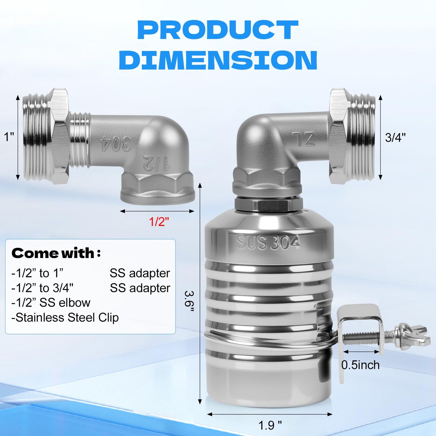 2 PCS Float Valve with 1/2", 3/4", 1" Adapters -304 Stainless Steel Water Float Valve Fully Automatic Water Level Control for Water Tanks, Aquariums, Livestock Troughs,Pools,Distillers & Ponds