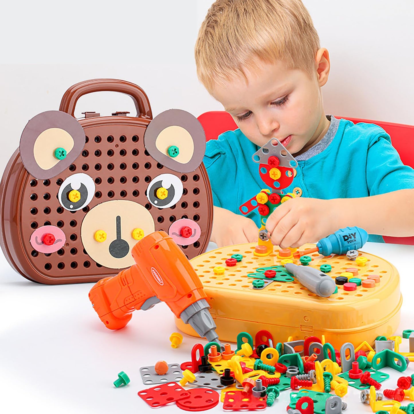 Magic Montessori Play Toolbox with Drill, 203Pcs Magic Montessori Play Toolbox Bear-Themed, 2D/3D Creativity Tool Box Montessori Toys Gift for Age 3-12 Years Old Boys Kids, Girls