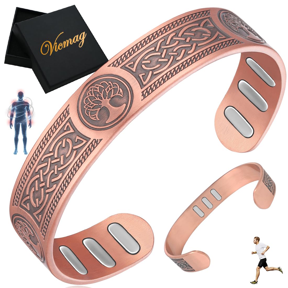 Vicmag Copper Bracelet for Men 9X Strength Magnetic 99% Pure Copper with 5000 Gauss Magnets, Tree of Life Present Box Adjustable(Viking Tree)