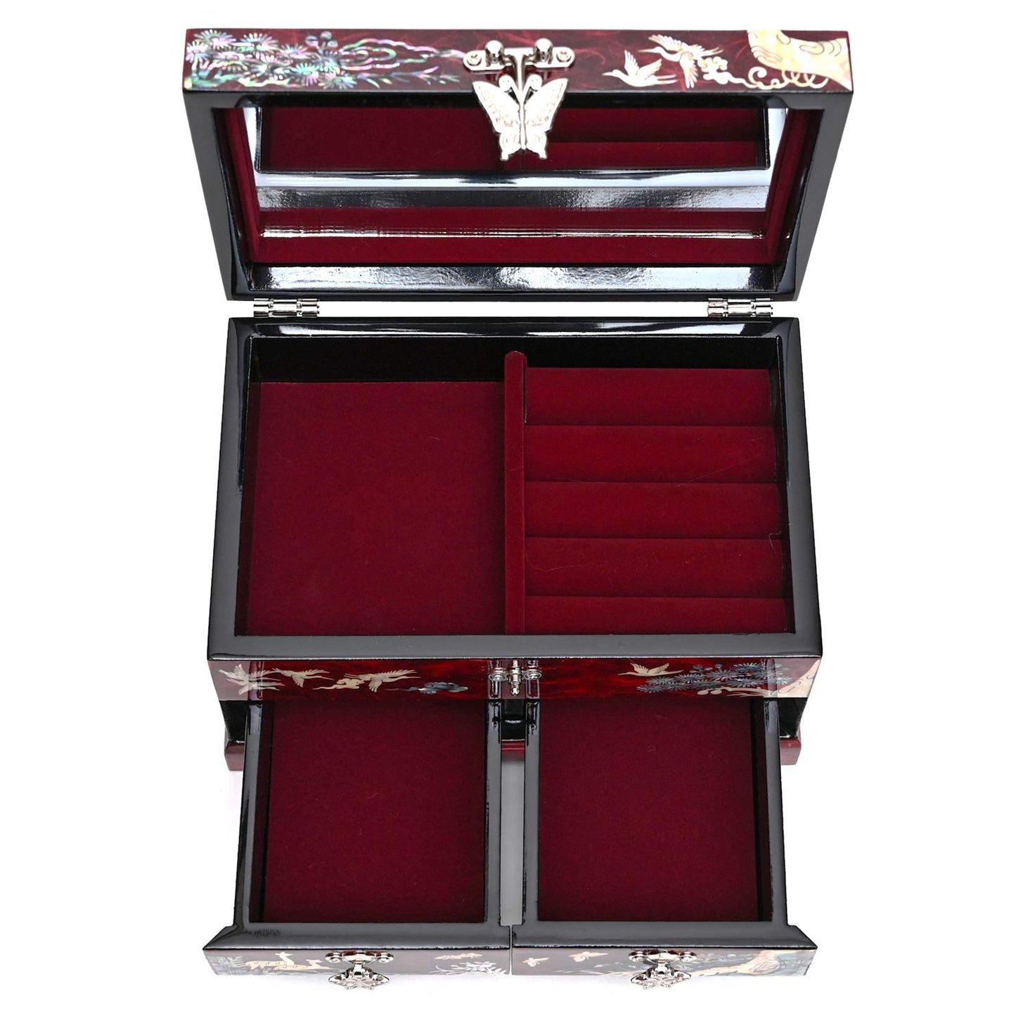MADDesign Mother of Pearl Lacquered Jewelry Box Two Level Cranes (Red)