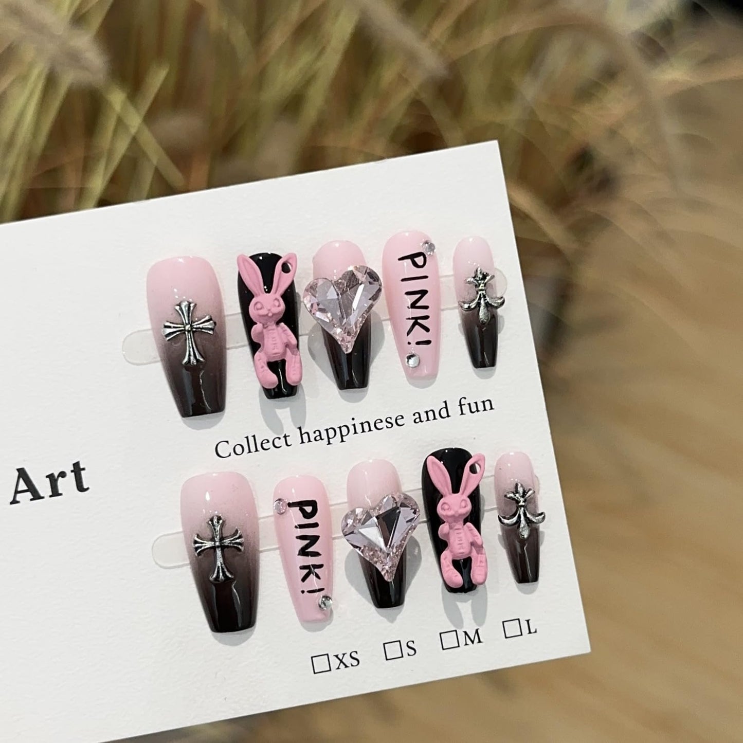 GLORS Luxury long Long Ballerina Press-On Nails, Pink and Black Gothic Design with 3D Bunny and Diamond Heart, Handmade False Nail 10 Pieces (Small, LS)