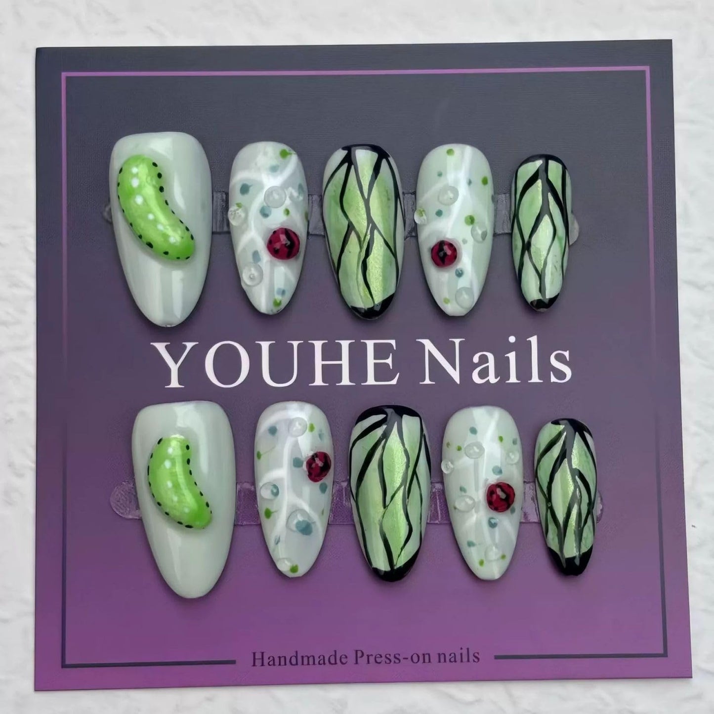 Threelegscat Press on Nails Almond Medium Handmade Fake Nails with Cute Leaf Designs for Women and Girls Size L 10pcs