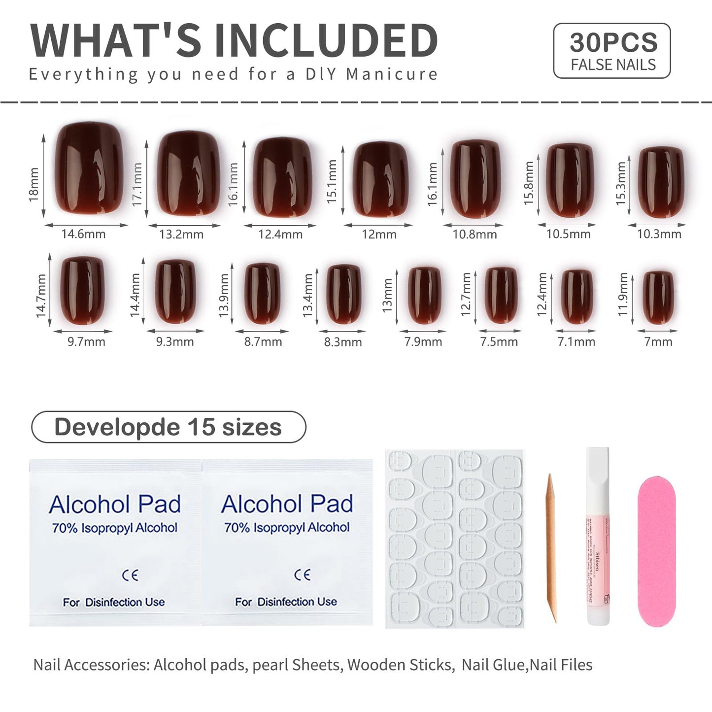 Stbisen Press on Nails Short Square, Chocolate Brown Fake Nails Kit, Fashion Glossy Acrylic Press on Nail, Natural Stick on Nail, Thick Reusable Glue on Nails Short Press on Nail for Women, 30Pcs