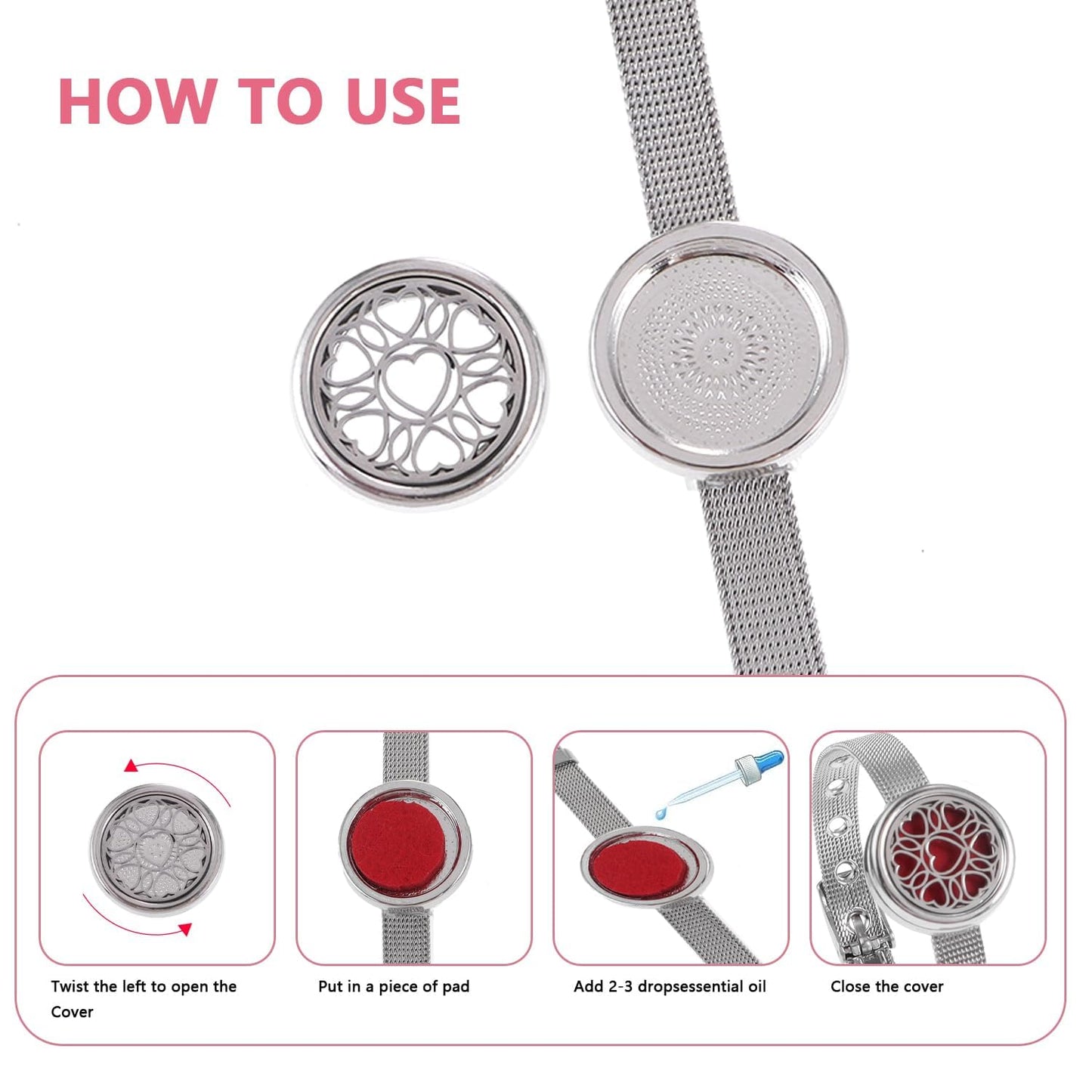 Essential Oil Diffuser Bracelet with Gift Box Aromatherapy Locket Adjustable Stainless Steel Heart Watch Chain Bracelet with 10 Pcs Refill Pads for Women