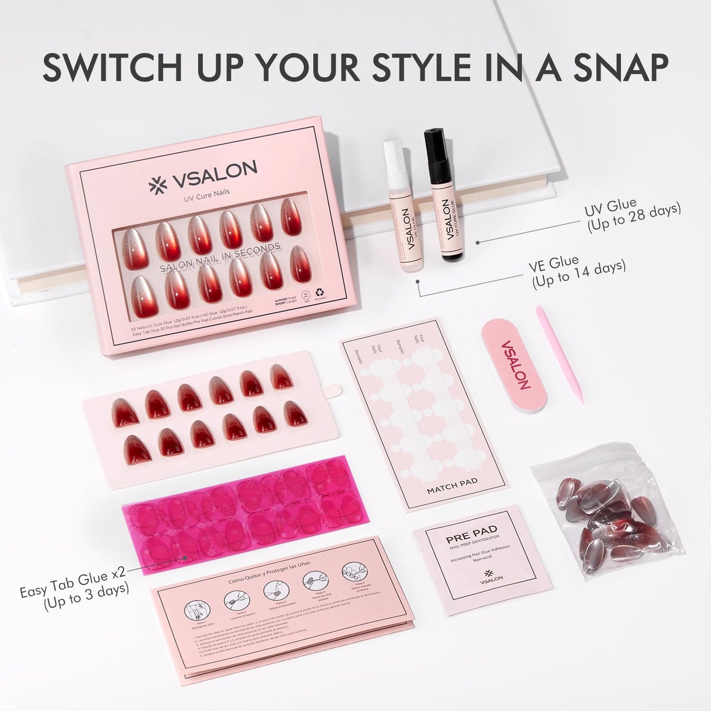 VSALON Press On Nails Short Almond, Cherry Red Cat Eye Spring Glue on Ombre Chrome Fake Nails With UV Cure Glue, Reusable Salon Quality Summer Stick On Nails False Nails Kit, 32 Pcs 16 Sizes