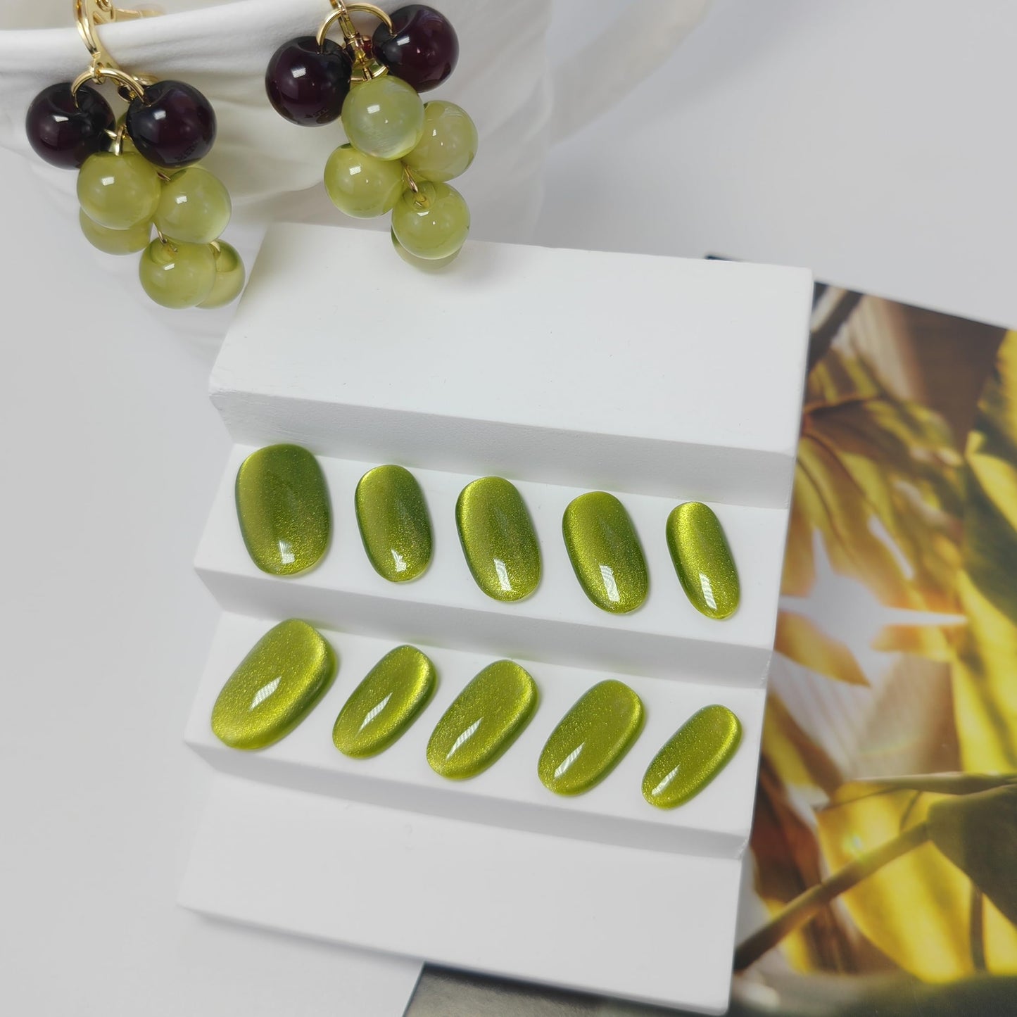Cat Eye Press on Nails Handmade Short Oval/Square/Round False Nails with French Tip/Aurora/Magnetic Shimmer Designs (Side#Lettuce, Small)
