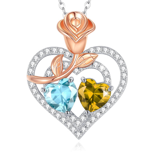 AGVANA March November Birthstone Jewelry Aquamarine Citrine Necklace Sterling Silver Rose Flower Heart Double Birthstone Pendant Necklace Anniversary Birthday Gifts for Women Mom Wife Lady Her