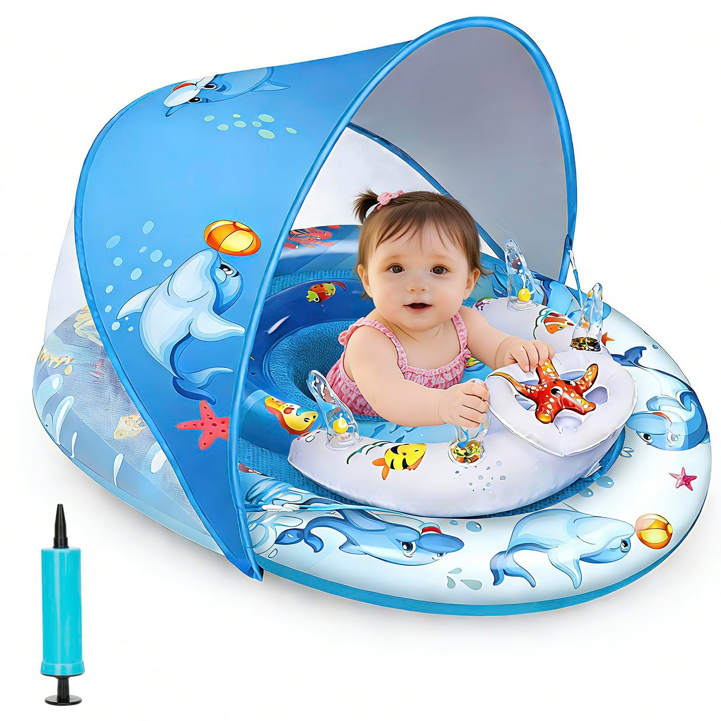 Foxgor Extra Large Baby Pool Float with UPF50+ Canopy, Anti-Flip Double Air Chambers, Adjustable Seat for Infant Toddler 6-36 Months, Ocean Toys | CPC Certified | ASTM F963 | for Pool Beach
