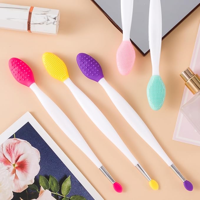 5pcs Lip Scrub Brush, Silicone Lip Exfoliator Brushes Scrubber Tool, Double-Sided Lip Cleaning Exfoliating Remove Dead Skin Tool for Men Women Dark Lips- Pink & Yellow & Blue & Purple & Red