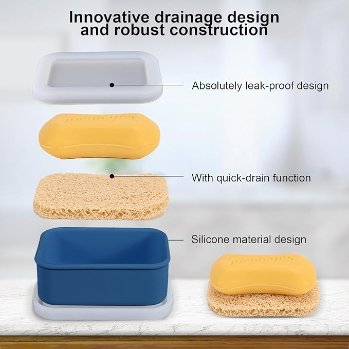 Blue Bar Soap Holder for Shower - Travel Soap Case with Self Draining Pads
