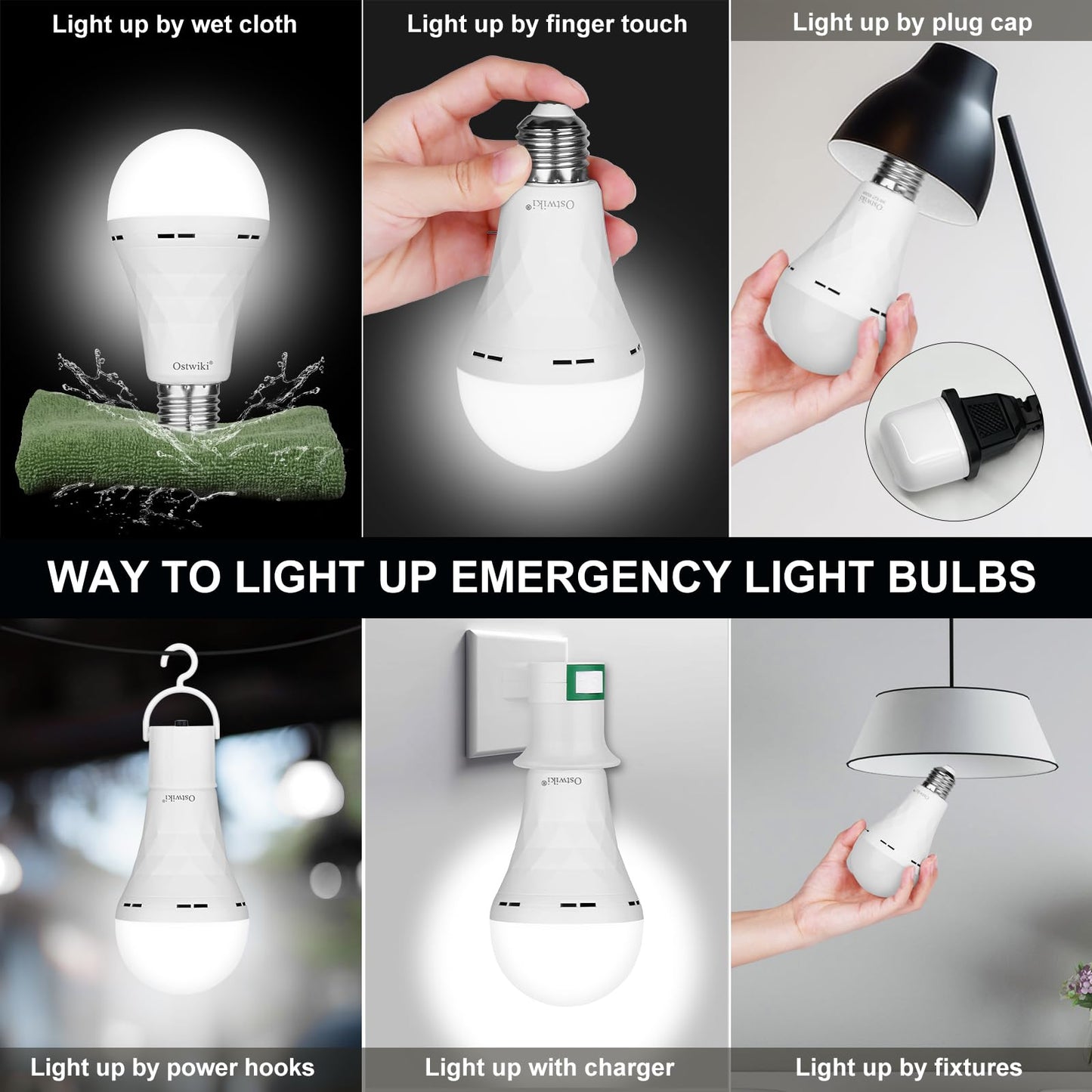 Ostwiki Rechargeable Light Bulbs,6 Pack Battery Operated Backup Emergency Light Bulb for Power Outage Camping Outdoor Hurricane 9W E27 8500K 1200mAh White Equivalent Self-Charging LED Light Bulbs