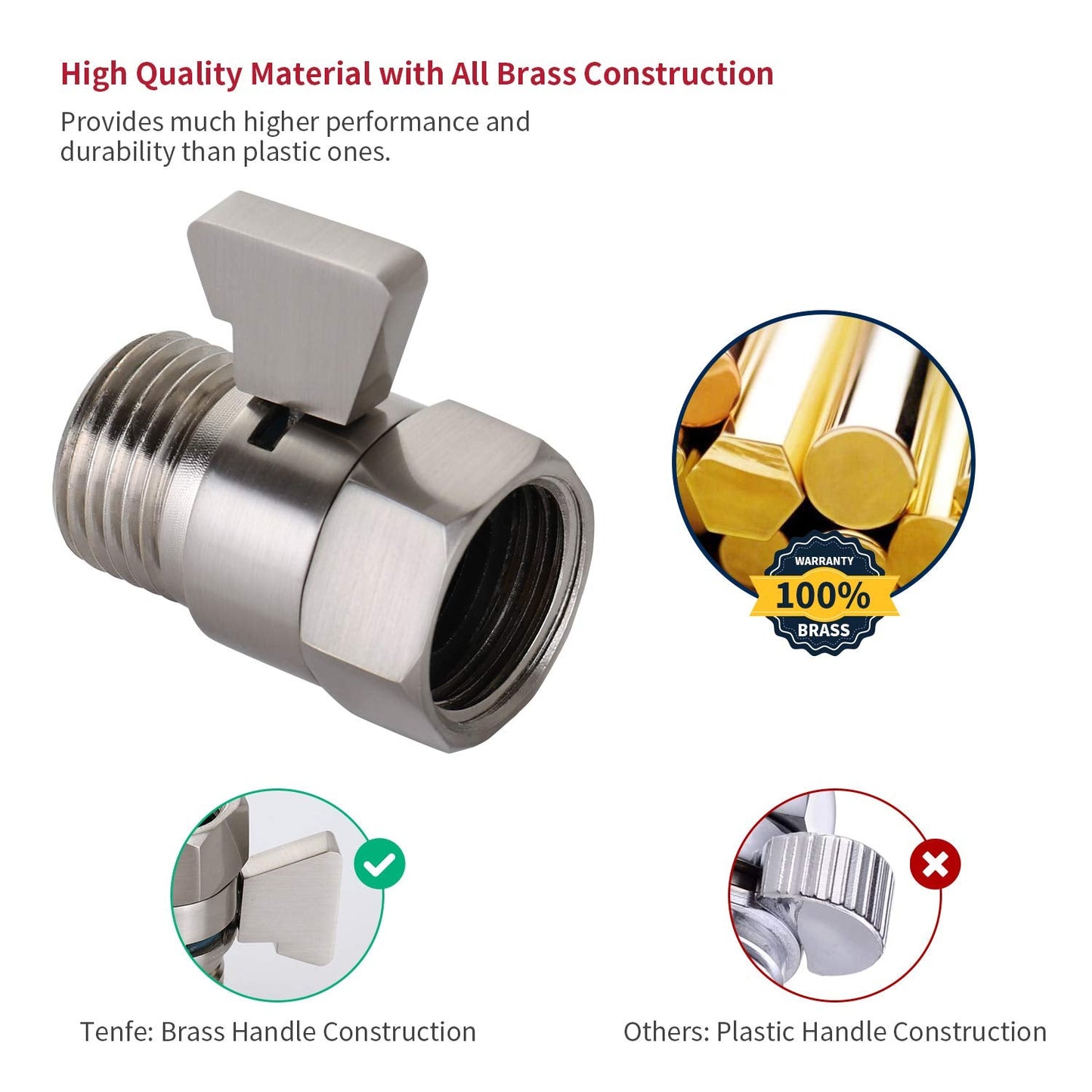 Water Flow Control Shut Off Valve with Brass Adjustable Hand Level Water Pressure Regulator for Hand Held Shower Head & Bidet Sprayer, Brushed Nickel Water Saver G1/2