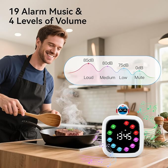 Yunbaoit Digital Visual Timer for Kids, Rechargeable 99-Minute Silent Countdown Timer with 19 Ringtones, 9 Optional DIY Color Planet Display, Time Management Tool with Pause Function (Robot)