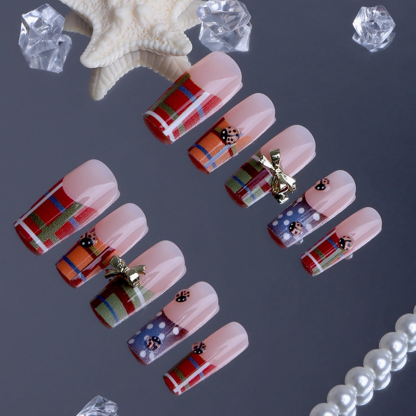 Long Press on Nails Square Fake Nails Red Artificial Nail Seeneey Gold Bow Designs CheckeredStick on Nail for Women 24pcs