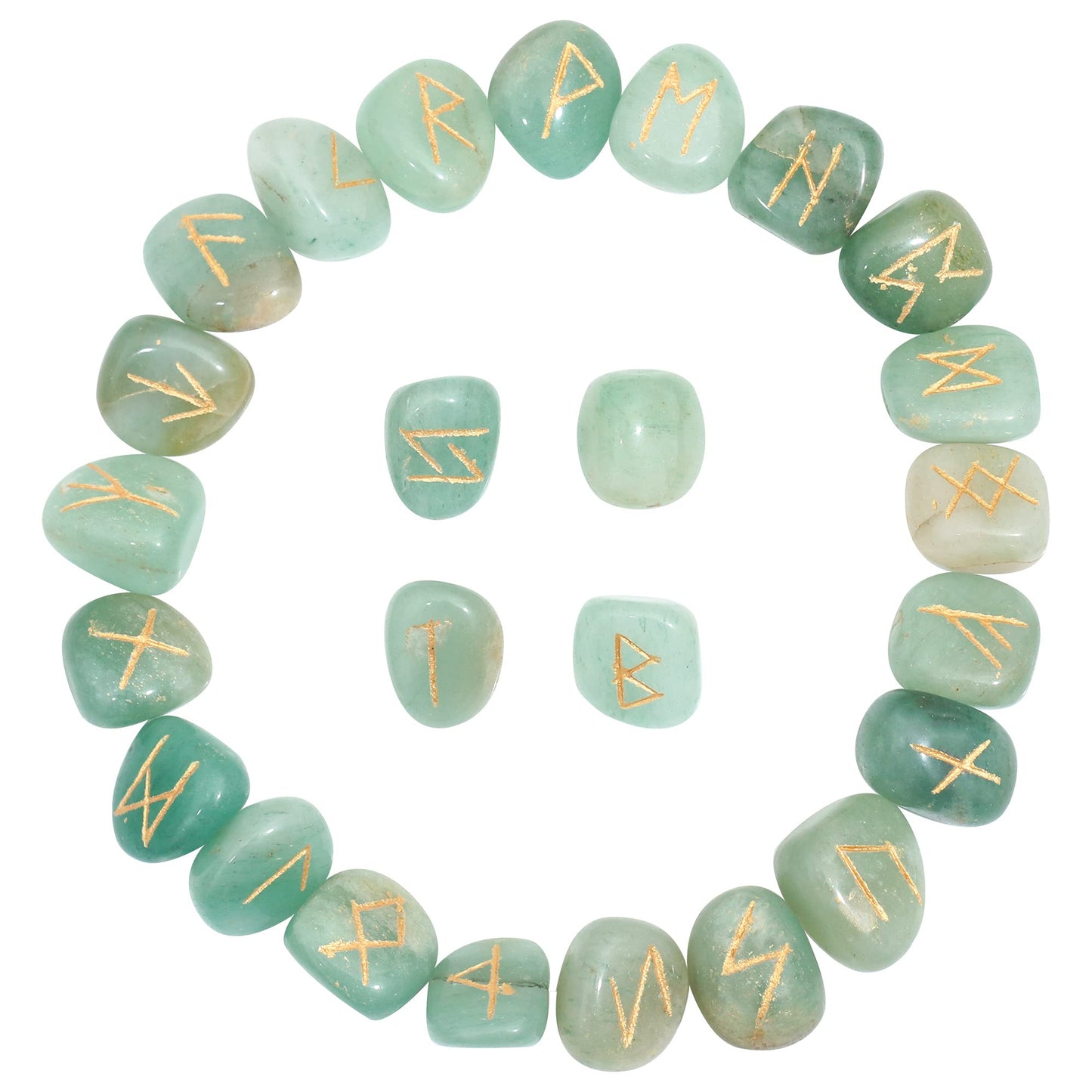 Crocon Green jade Gemstone Rune Stone with Elder Futhark Alphabet Engraved Symbol 25 pcs Set for Feng Shui Reiki Crystal Healing Chakra Balancing Metaphysical Decor Size: 15-25 mm
