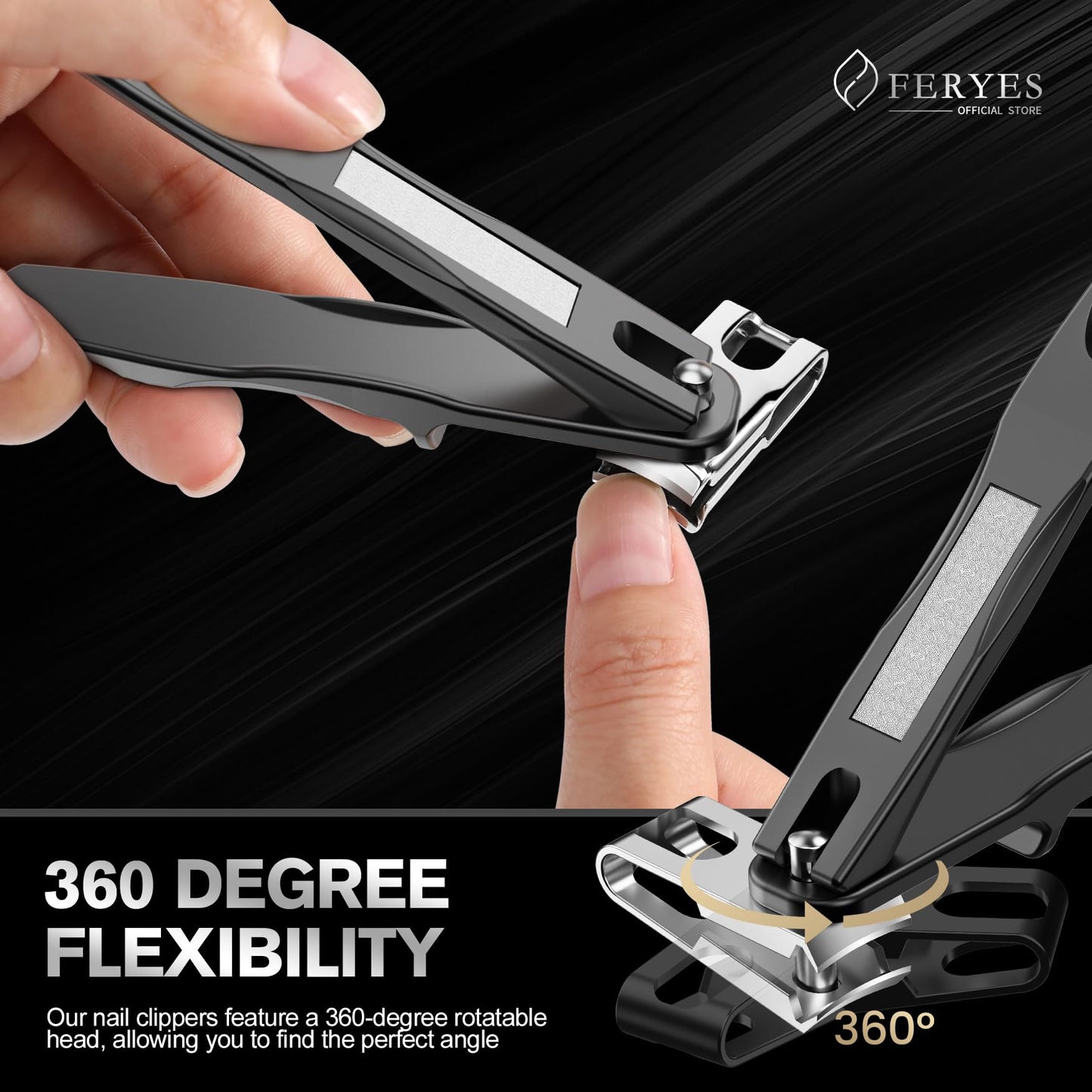 FERYES 5PCS Toenail Clippers Long Handle Clipper for Thick Nails, Straight Blade Clipper for Ingrown Nails, 360° Rotating Jaw Nail Clipper, Cuticle Fork, and Nail File