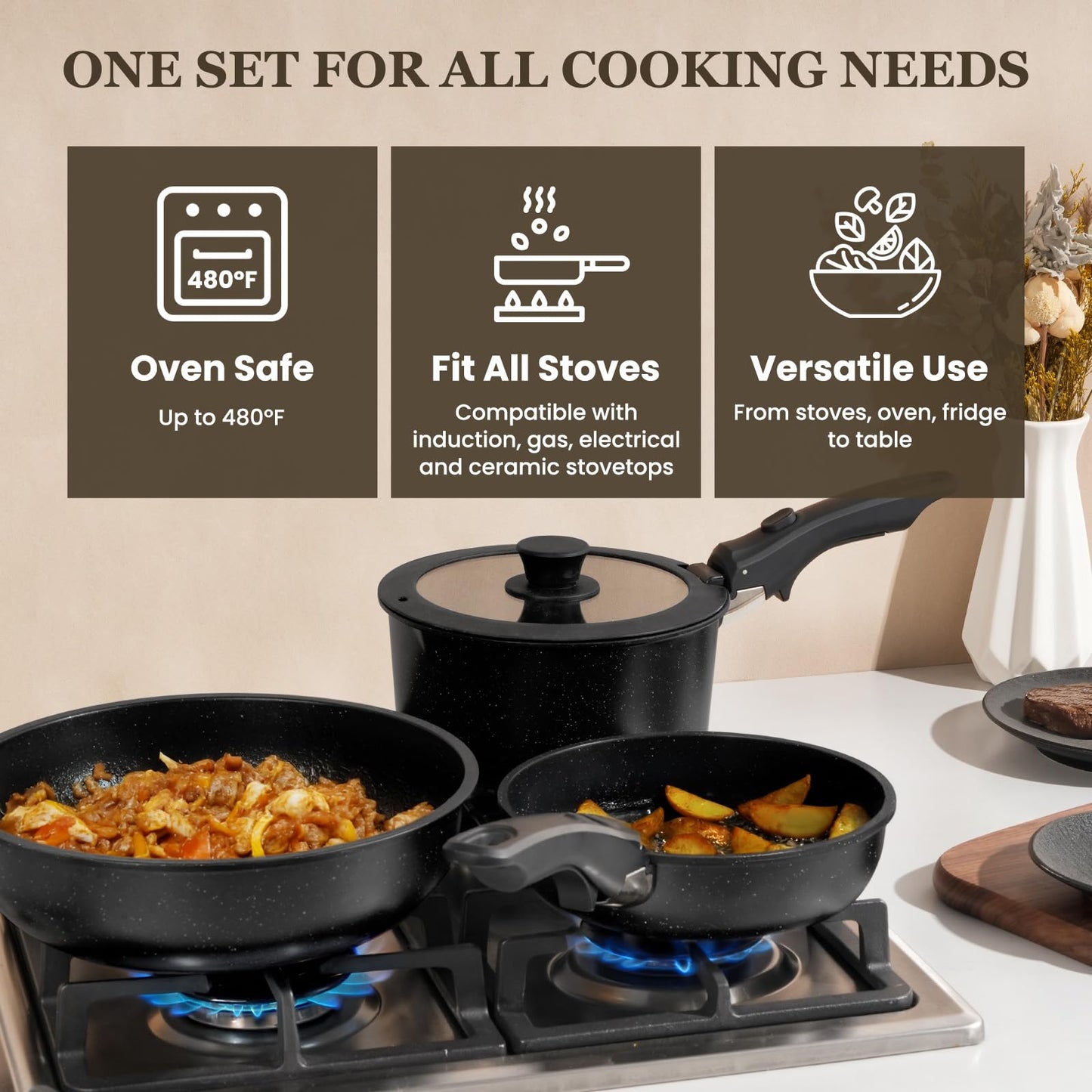 KIKCOIN 20 Pcs Pots and Pans Set Non Stick, Detachable Handle Cookware Sets Nonstick, Non Toxic Induction RV Kitchen Cooking Set with Removable Handles, Dishwasher/Oven Safe, Easy Clean (Black)