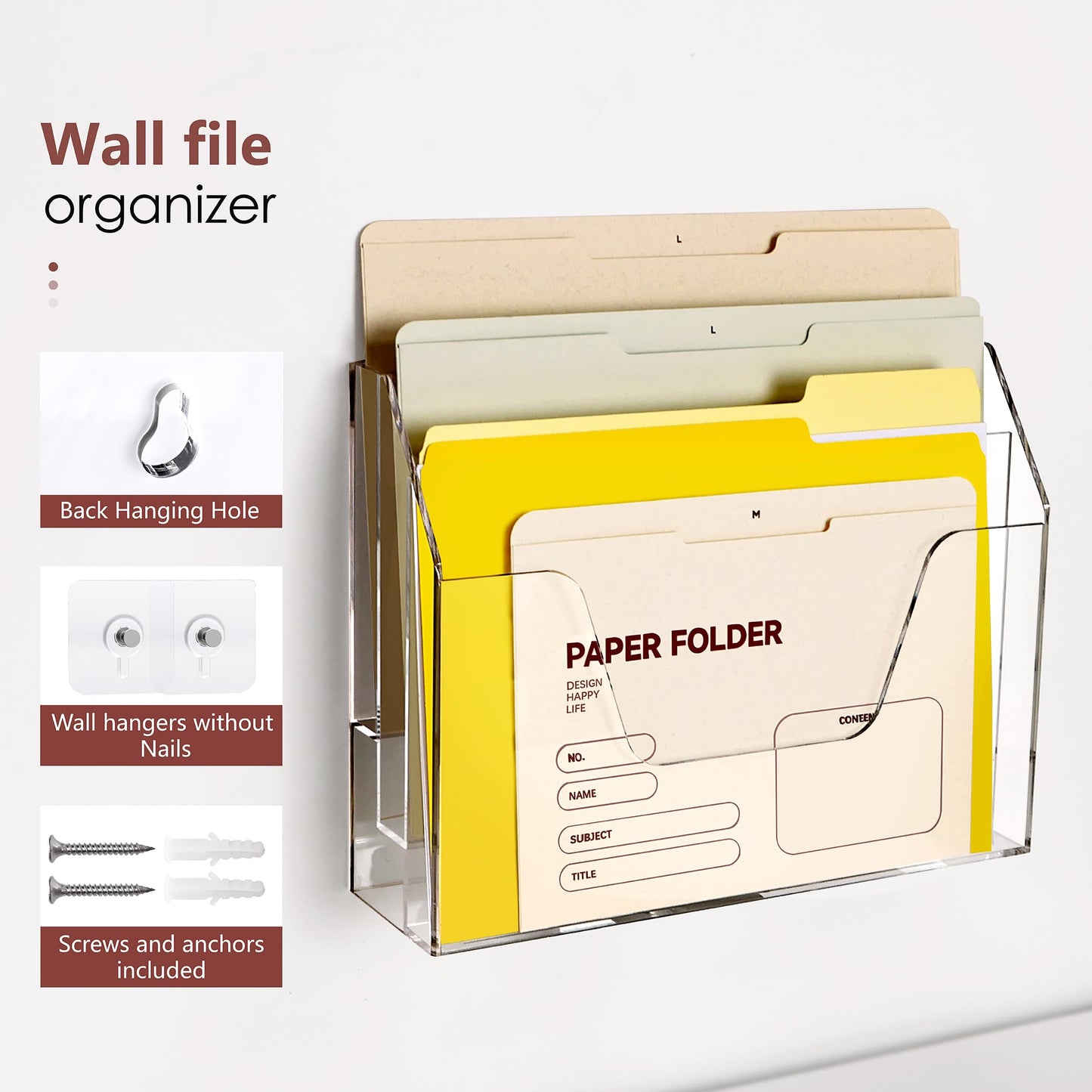 DINGHUO Acrylic Hanging Wall File Folder Organizer for Desk, Clear 3 Tier Document Paper Magazine Holder for Home, Office Organization, School - 1 Pack