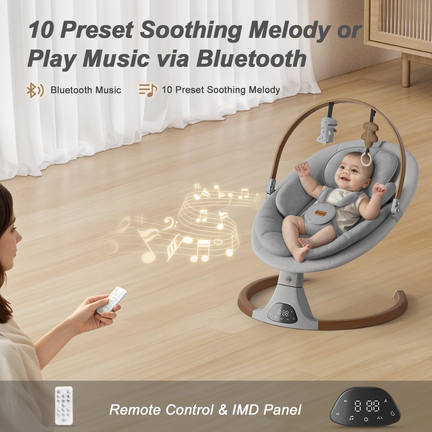 Baby Swings for Infants, Monamii Baby Swing, Bluetooth Infant Swing with Music Speaker, 5 Speeds and Remote Control, Indoor & Outdoor Use (Light Grey)