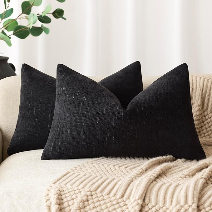 Foindtower Pack of 2 Soft Textured Throw Decorative Pillow Covers Lumbar Accent Solid Cushion Cover Cozy Farmhouse Pillow Case with Zipper for Couch Sofa Bedroom Living Room 12x20 Inch, Black