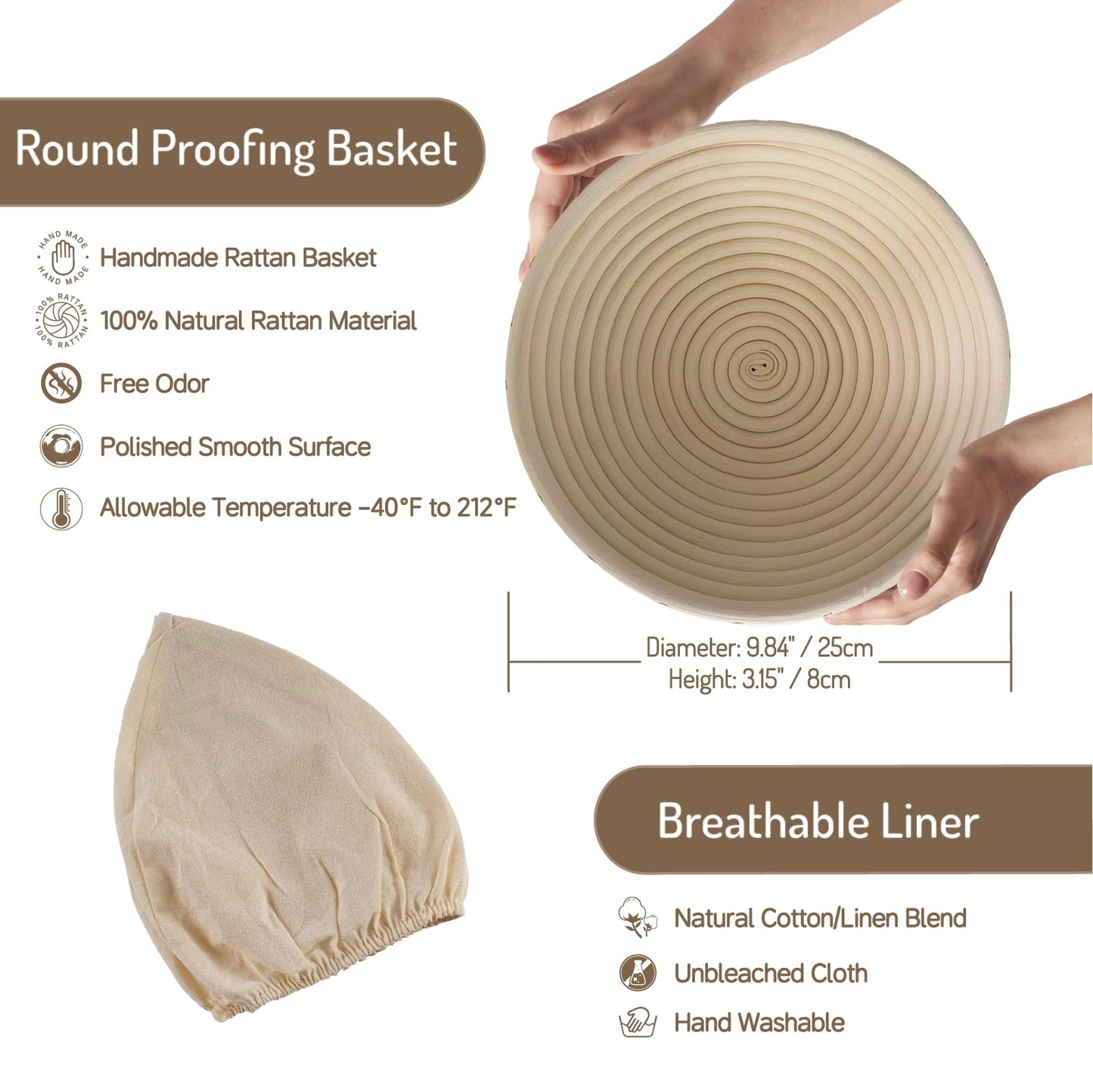 Bread Proofing Basket Set of 2: 9.8 Inch Sourdough Proofing Baskets with 17"x29" Proofing Cloth for Bread Baking, 2 Proofing Bowls and Bread Couthe Cloth for Baguettes, Loaves