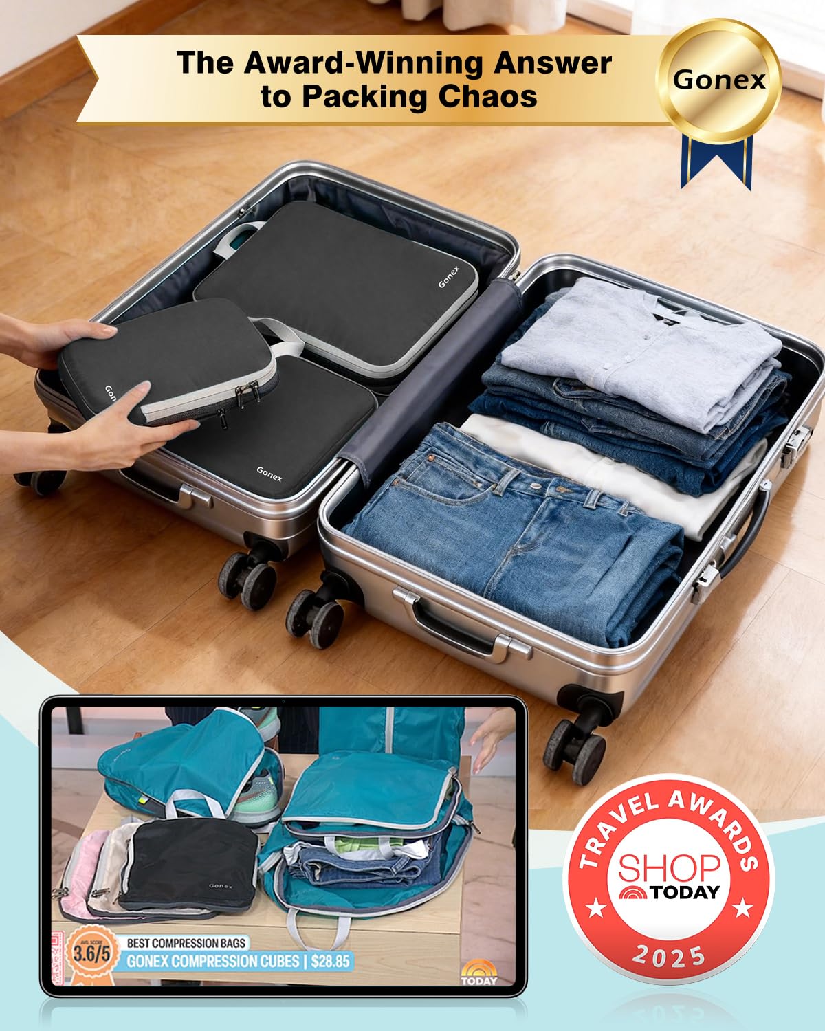 Gonex Compression Packing Cubes, 4pcs Expandable Storage Travel Luggage Bags Organizers (Deep Gray)