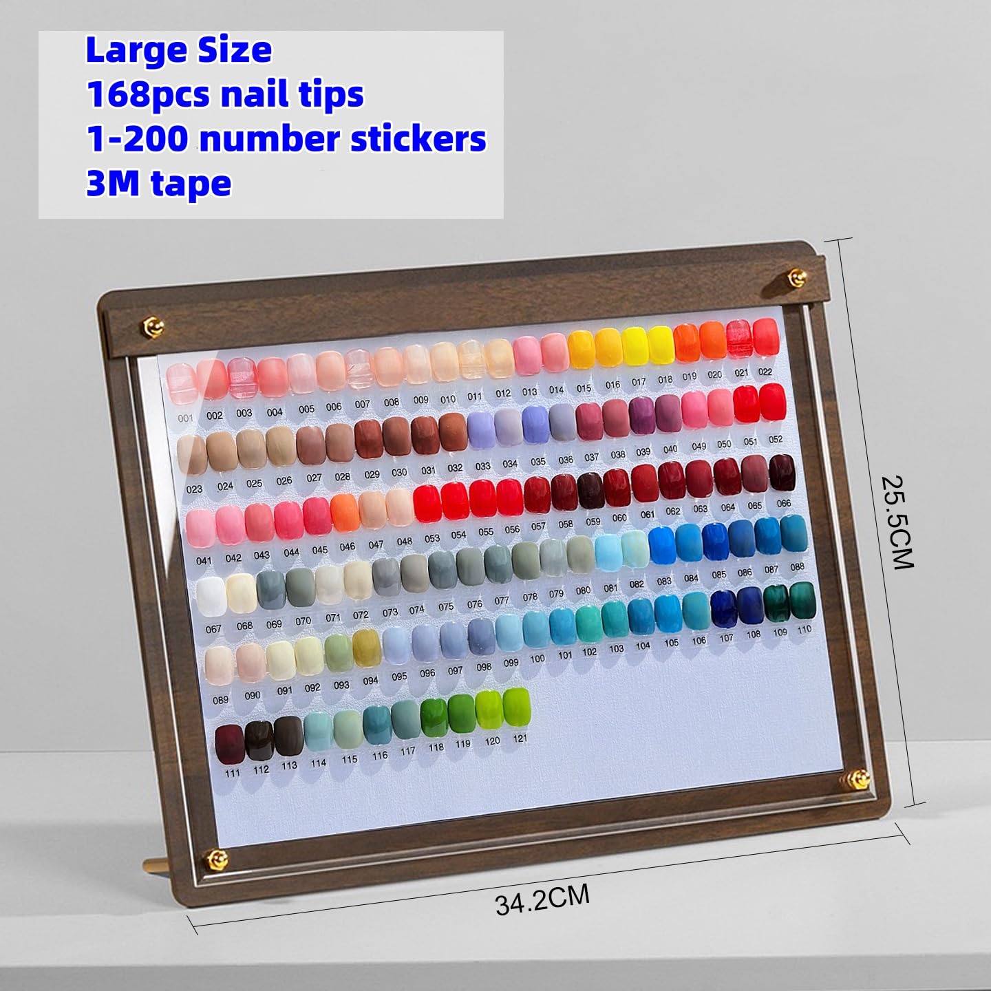Acycoin2A Walnut Wood Nail Color Display Board Photo Frame Nail Polish Glue Template Color Card with False Nail Tips and Number Sticker
