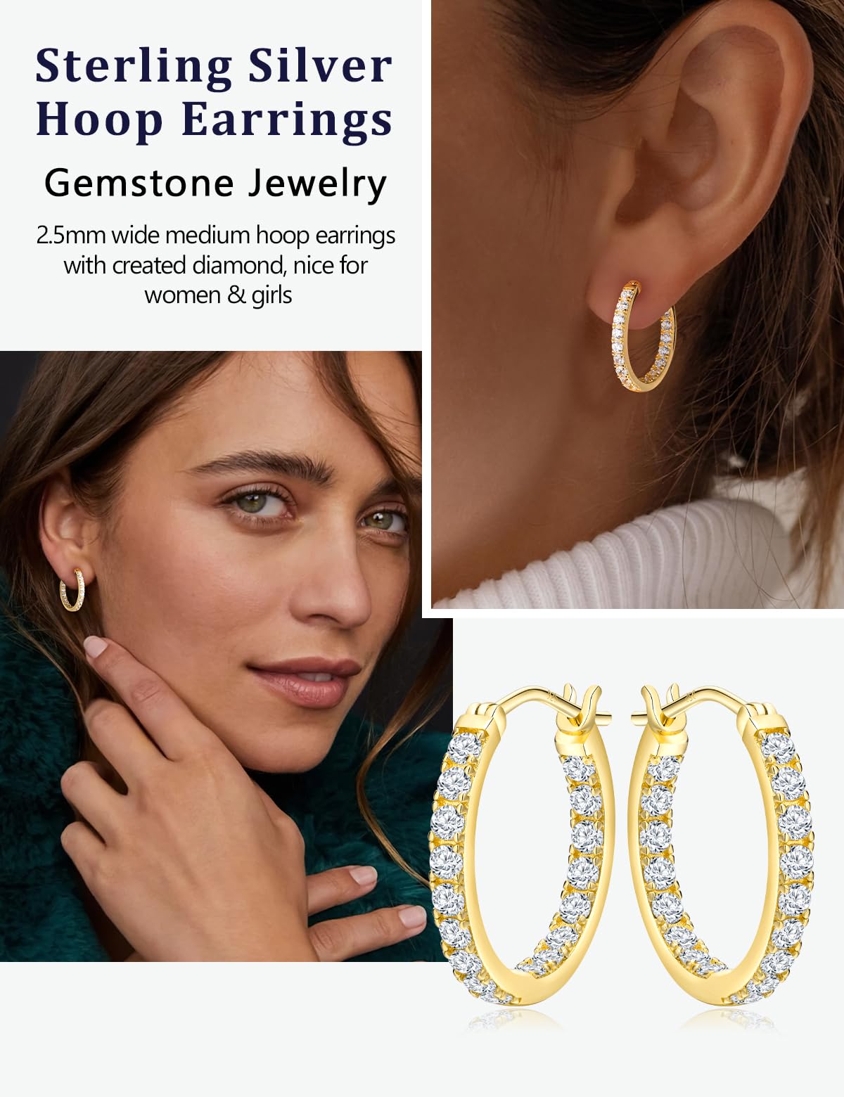 RANDES 14K Gold Plated Hoop Earrings for Women Hypoallergenic Cubic Zirconia Hoops Sterling Silver Created Diamond Large Round Earrings