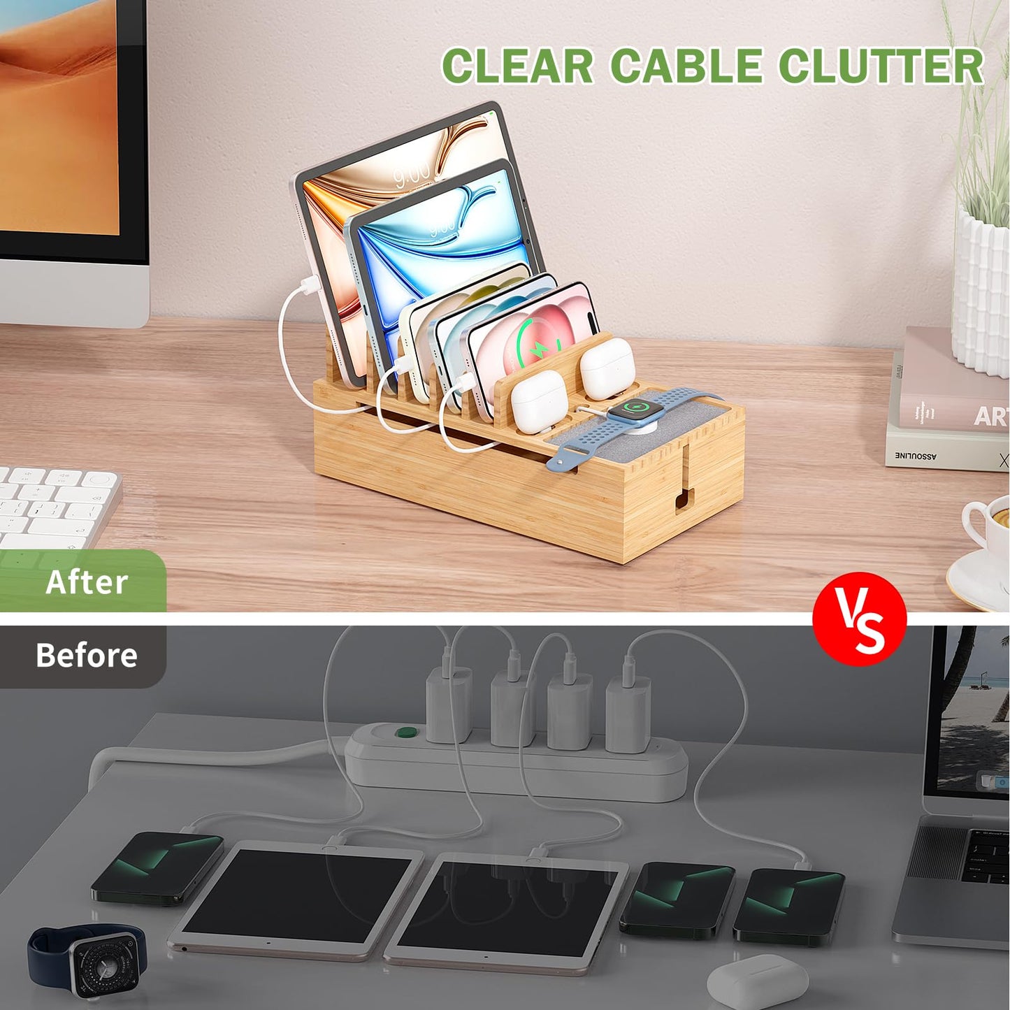 Pezin & Hulin Cell Phone Charging Station for Multi Devices, All in One Desktop Charger Organizer, with Power USB Charge Adapter and 6 Cables, Use As Power Strip Hidden Box -Natural Bamboo Color
