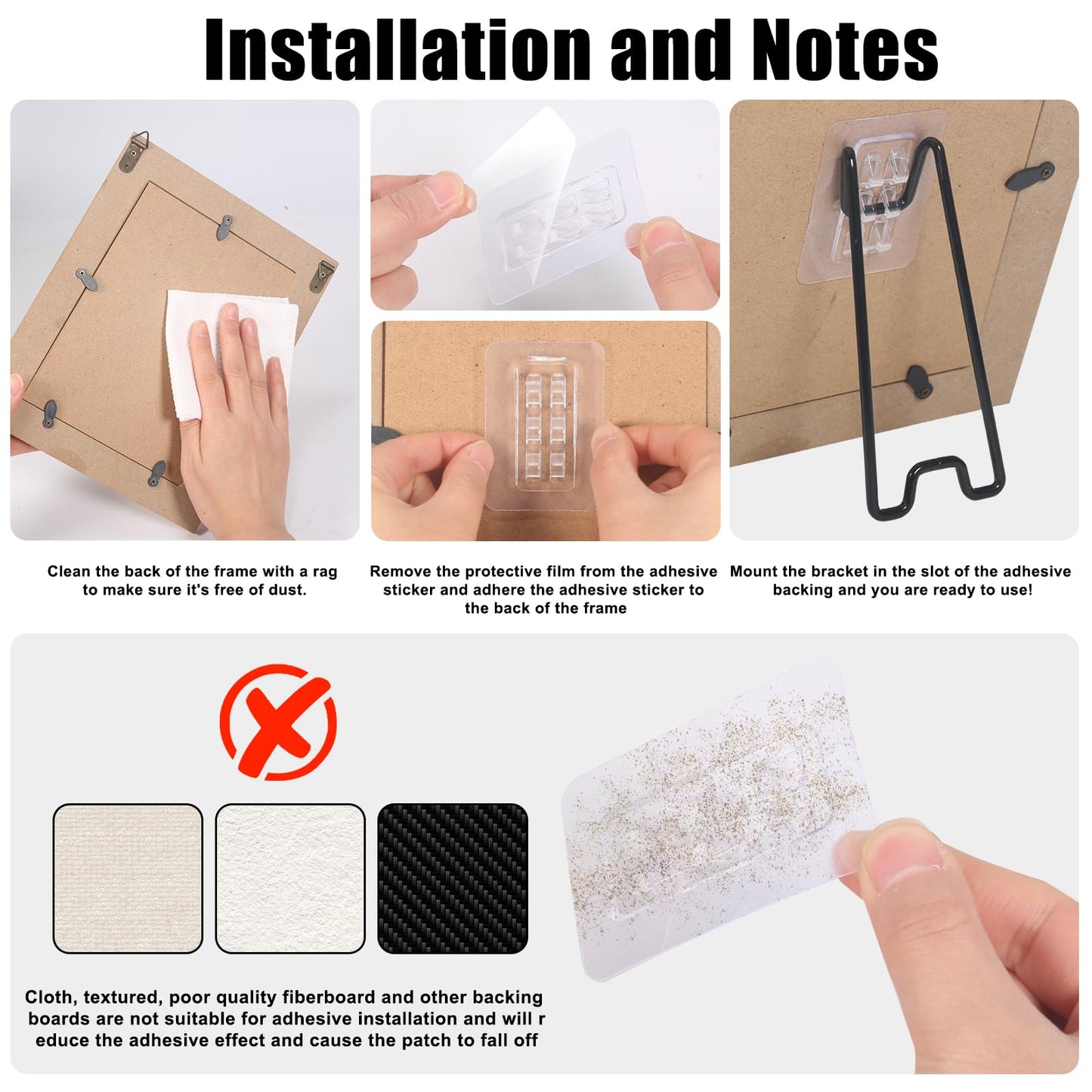 Nirxxiy 6 Pcs Picture Frame Stand, Table top easel, Stainless Steel Picture Holder Stand with Self-Adhesive for 5.9 to 10.2 inch Picture Frame Easel (Black, 5.12“ x 2.17”)