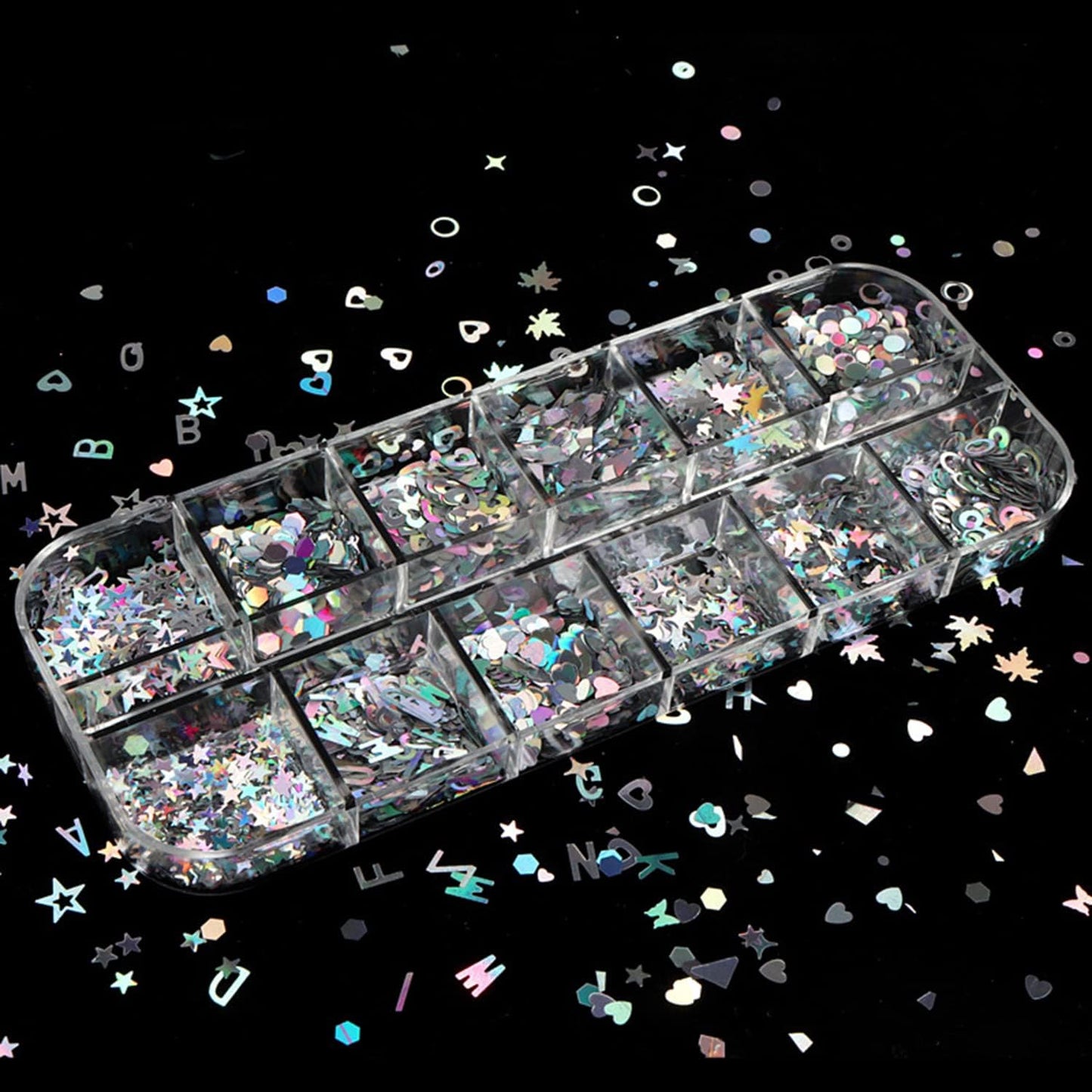Vezocim Silver Glitter Nail Flakes Holographic 3D Glitters Sequins Decorations, Heart Circle Letters Butterfly Design Supplies DIY Sparkly Resin Nail Art Tips