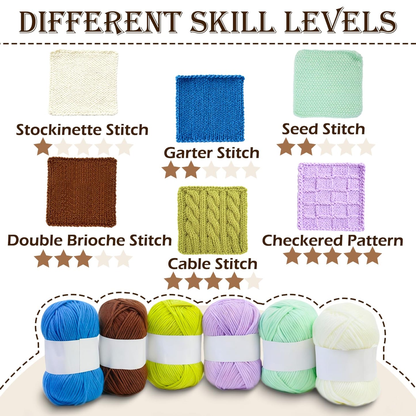 Lewhoo Knitting Kit for Beginners,Learn to Knit Kit for 6 Patterns Dishcloth with Step-by-Step Instruction,Complete Knit Starter Kit -Including Yarn, Knitting Needle&Accessories