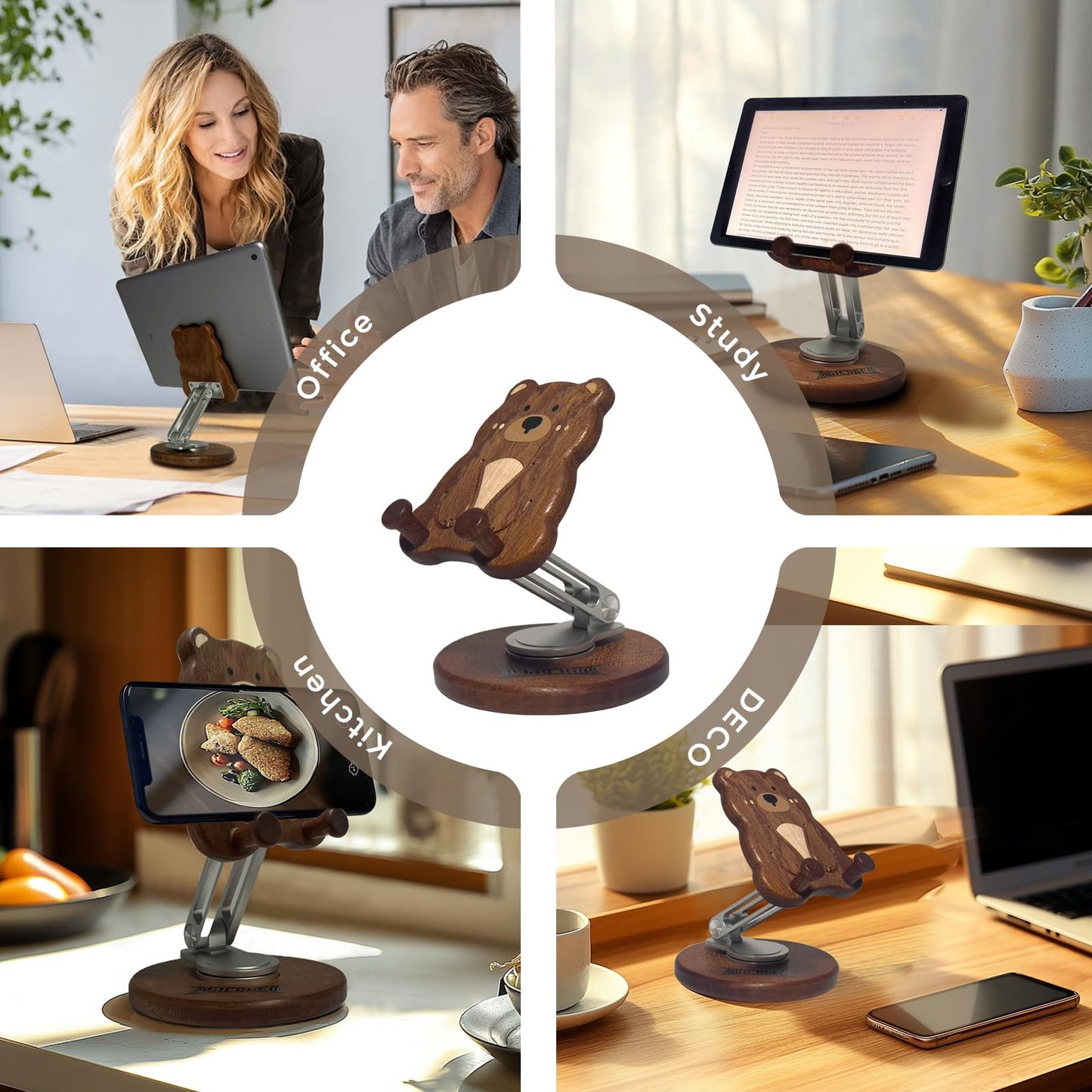 Agicogeo Hand-Inlaid Solid Wood Phone Stand for iPhone 16/Tablets - 360° Rotating Desk Organizer Holder with Artisan Carvings & Adjustable, Heavy Base Home Office Decor, Gift-Ready (Bear Cub)