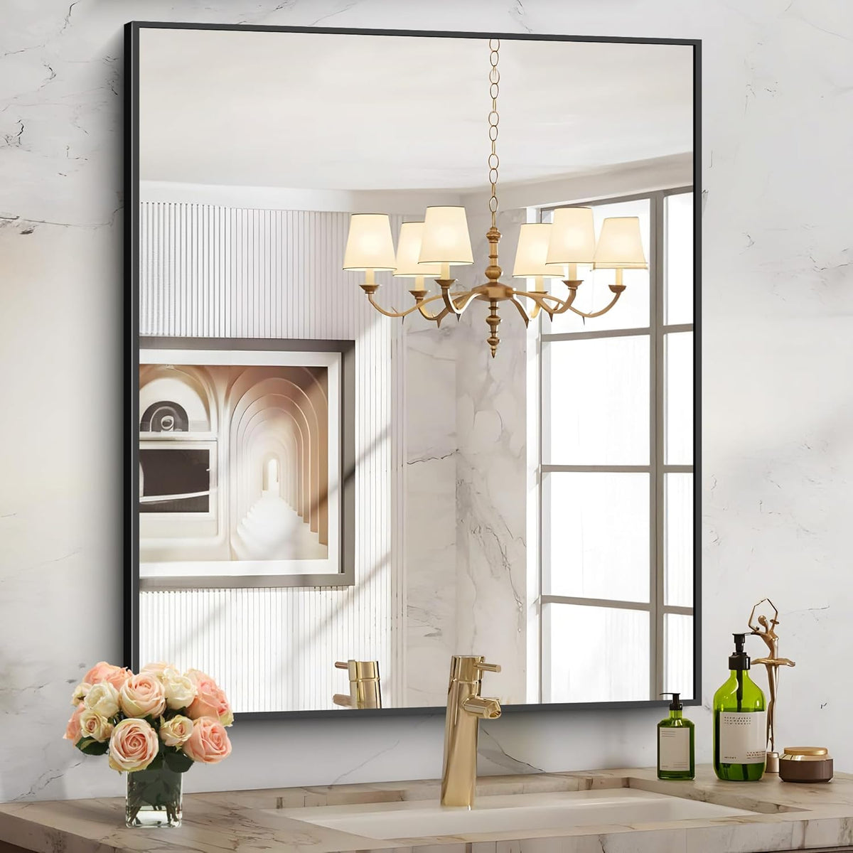 Black Bathroom Mirror for Wall, 30x36 Inch Rectangle With Metal Frame, Modern Vanity for Bathroom Living Room, Entryway Hangs Horizontal or Vertical