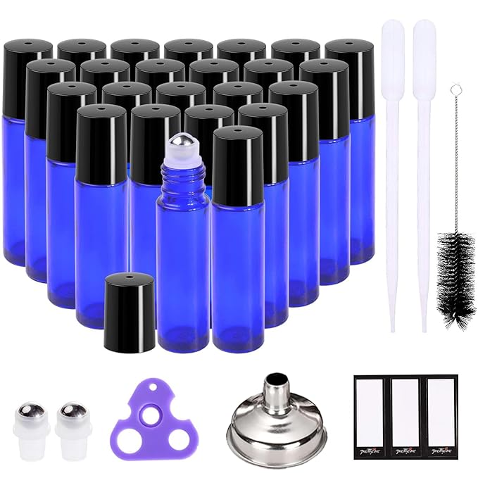 PrettyCare Roller Bottles For Oils 10 ml (Blue Glass, 24 Pack, 2 Extra Stainless Steel Balls, 2 droppers, 1 small brush, 24 Labels, 1 Opener, 1 Funnels Essential Oil Roller Bottles, Roller on Bottles