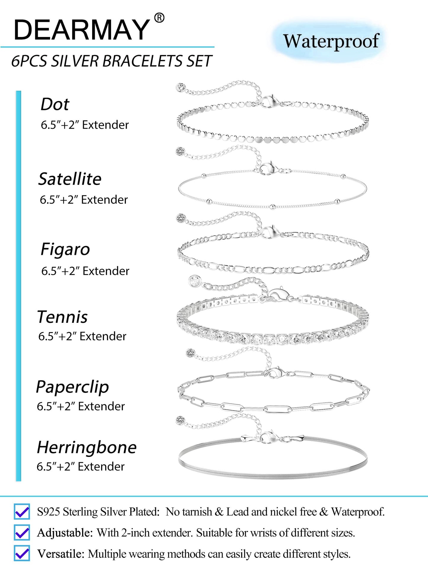 DEARMAY Silver Plated Bracelets for Women Trendy, Dainty Silver Plated Jewelry Set Waterproof Fashion Stackable Tennis Figaro Herringbone Paperclip Chain Bracelet Pack Stack Gifts for Womens