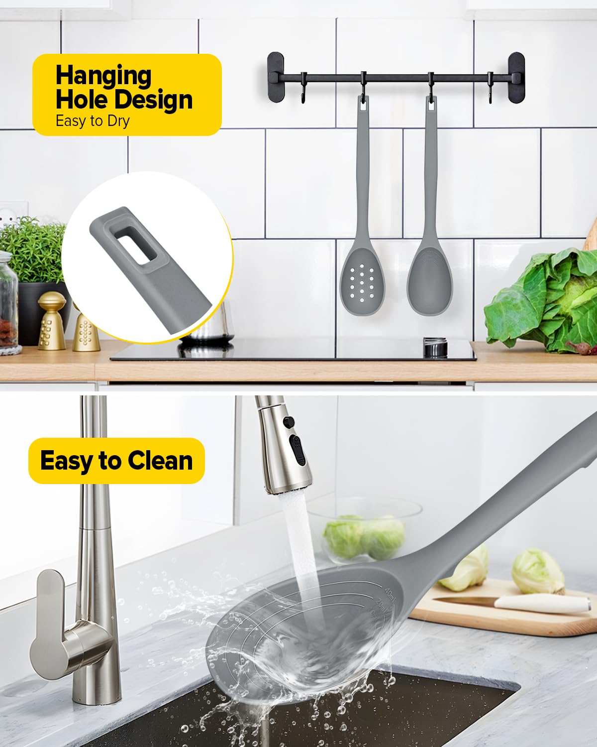 Pack of 2 Silicone Cooking Spoons, Non Stick Solid Kitchen Spoon with Measuring Marks & Back Hooks, Heat Resistant Silicone Slotted Spoon for Cooking, Mixing, Stirring,Serving (GRAY)