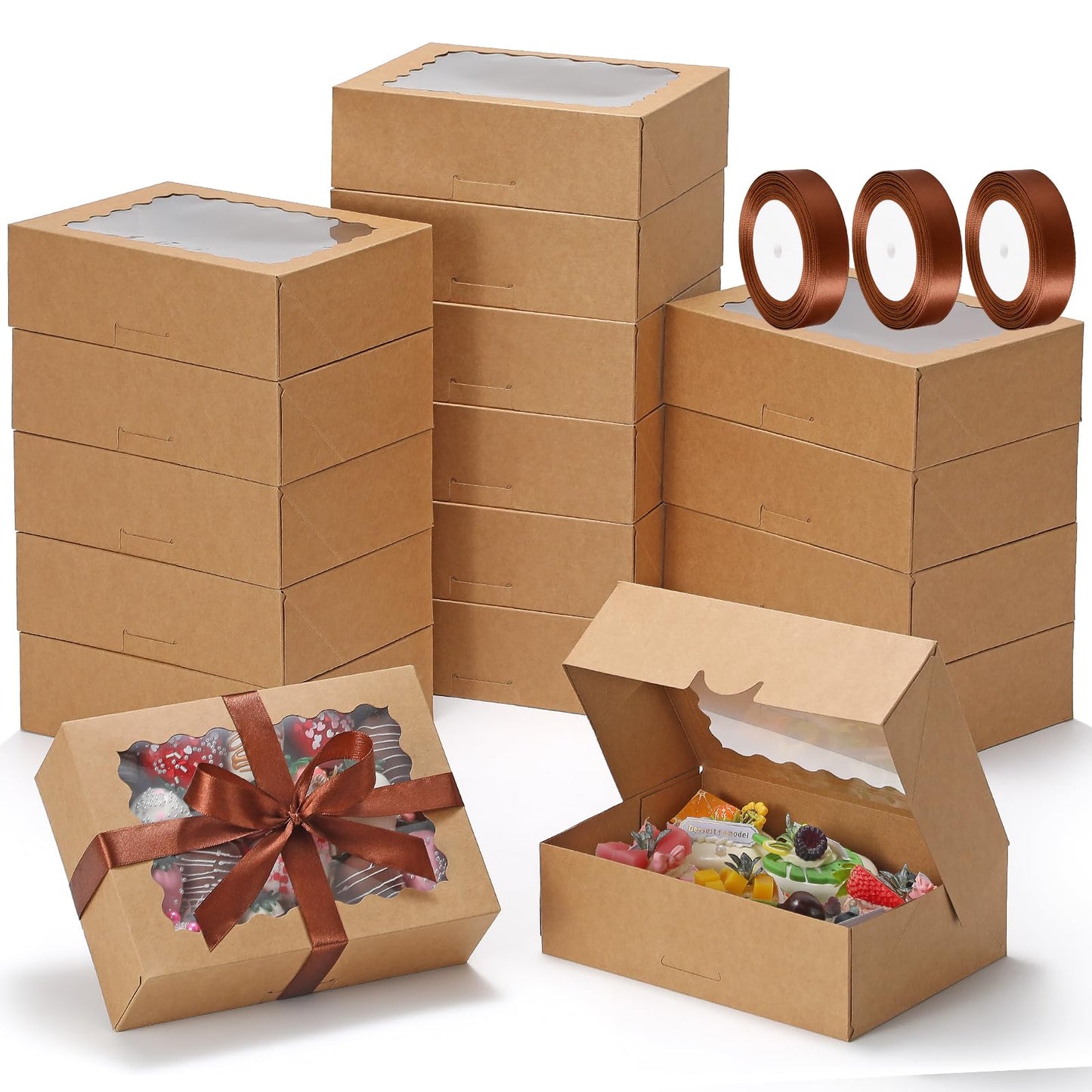 COTOPHER Auto Pop Up Cookie Box with Window 8x6x2.5 Inches – 50 Pack Brown Bakery Boxes with Ribbon for Birthday Party Favors, Wedding, Christmas Gift Packaging for Cookies, Candy, Macarons