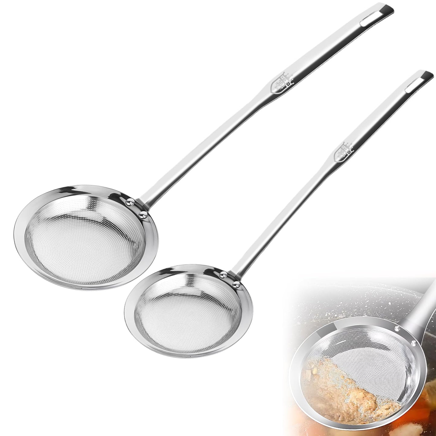 Fine Mesh Stainless Steel Sieve Colander(2 Pack, Large+Small), Mesh Strainer for Cooking Oil, Skimmer Spoon Filte Grease Foam, Food Strainer Kitchen Gadgets