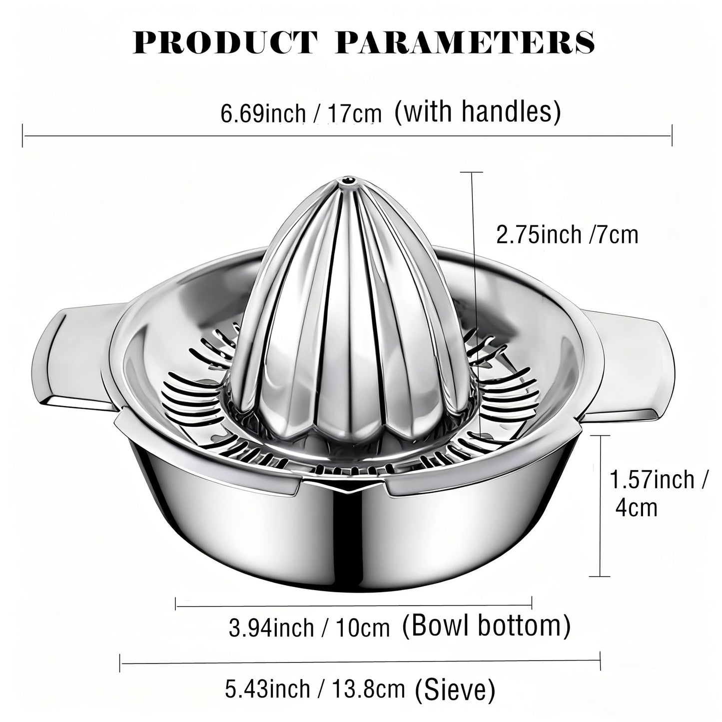Citrus Lemon Orange Grapefruit Juicer Manual Squeezer 304 Stainless Steel Robust Hand Juicer Reamer Rotation Press with Strainer＆10oz Bowl, 2 Pour Spouts, Dishwasher Safe, Easy to Clean, Heavy Duty